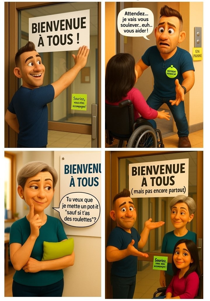 Une illustration humoristique montrant un homme accueillant une femme en fauteuil roulant, avec des panneaux affichant "Bienvenue à tous !" et un autre message sur l'accessibilité.