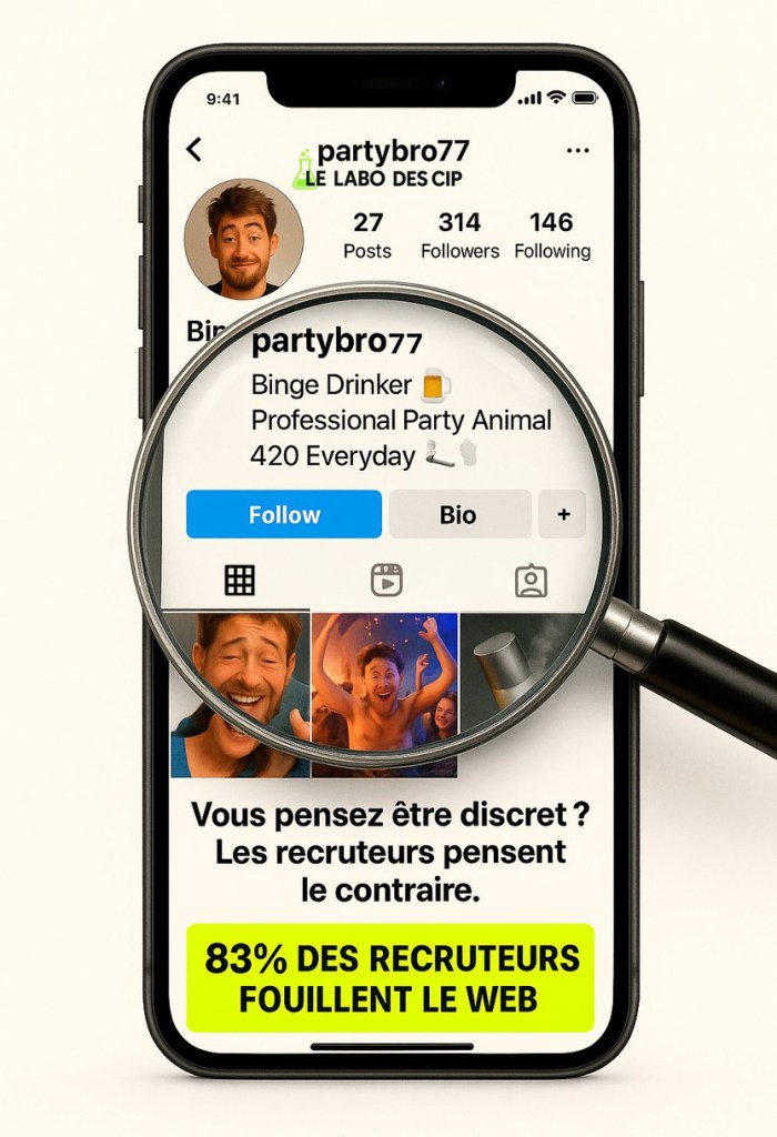 Capture d'écran d'un profil Instagram avec les détails d'un utilisateur, accompagné d'un message indiquant que 83% des recruteurs recherchent des informations en ligne.