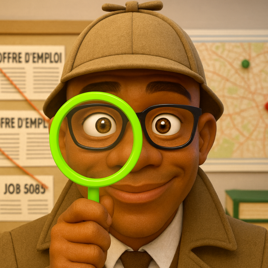 Un personnage souriant portant un chapeau de détective et des lunettes, tenant une loupe verte devant son œil, avec un panneau d'offres d'emploi en arrière-plan.